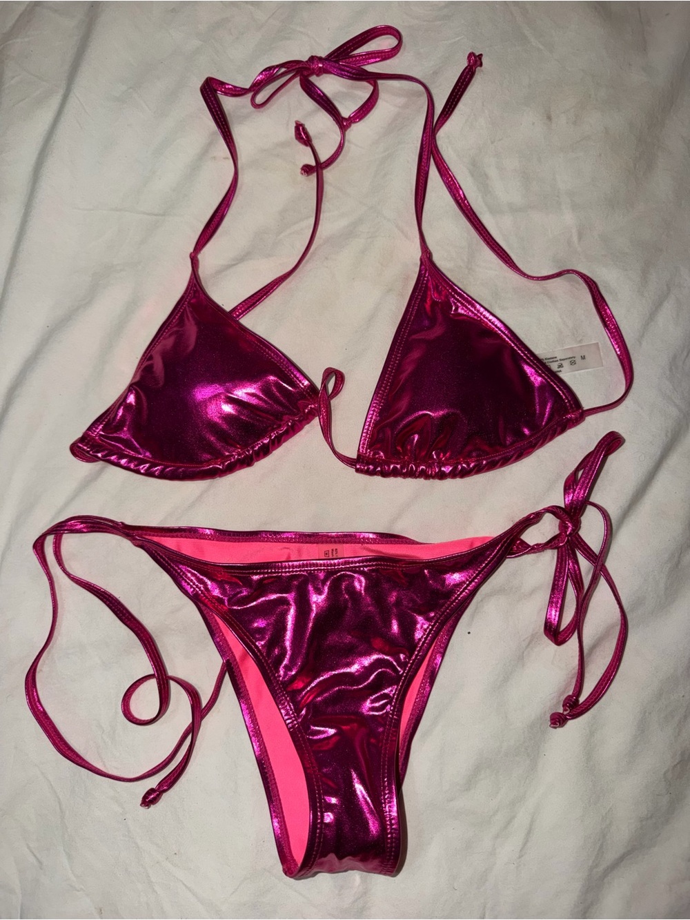 SHEIN Metallic Hot Pink Tie-Side Bikini Set